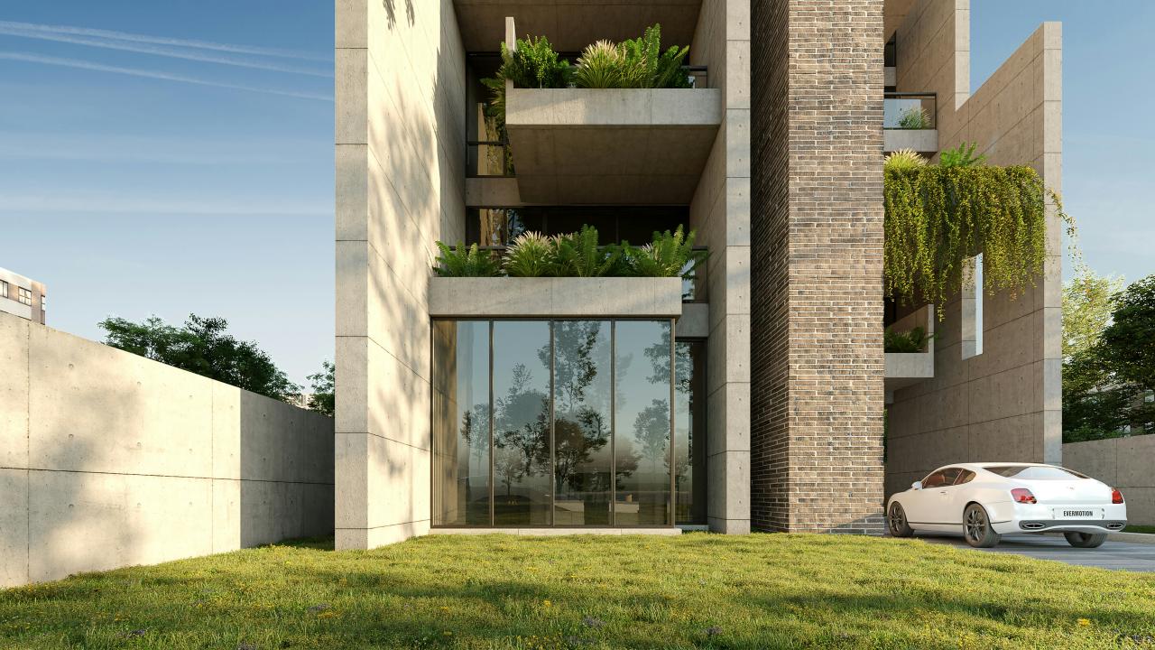 Modern building with glass entrance and balconies